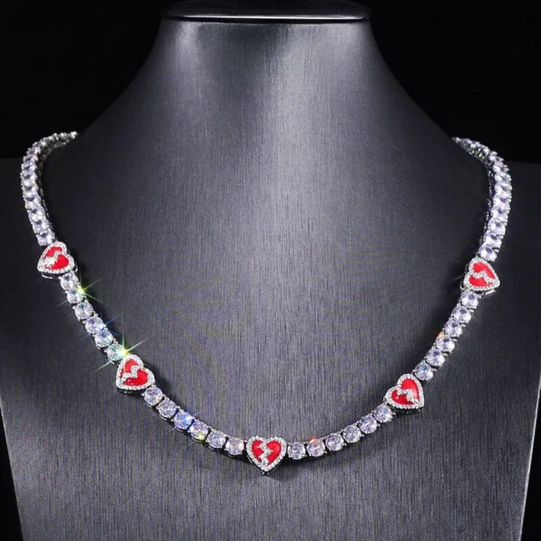 5mm Round Moissanite Tennis Chain Heartlink in 14K White Gold Neck View