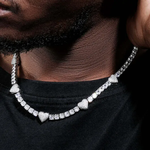 5mm Round Moissanite Tennis Chain Heartora in 14K White Gold Closeup Neck View