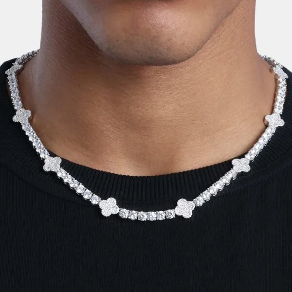 5mm Round Moissanite Tennis Chain LuxeClover in 14K White Gold Front Neck View