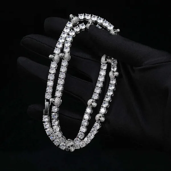 5mm Round Moissanite Tennis Chain Skullchain in 14K White Gold Closeup View