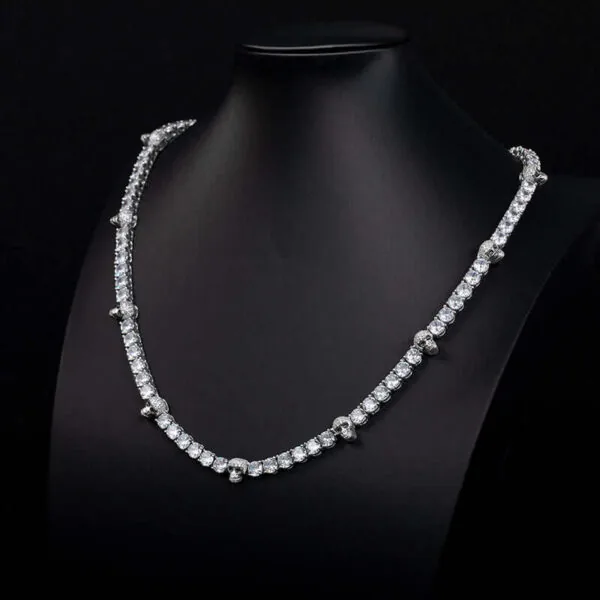 5mm Round Moissanite Tennis Chain Skullchain in 14K White Gold Neck View