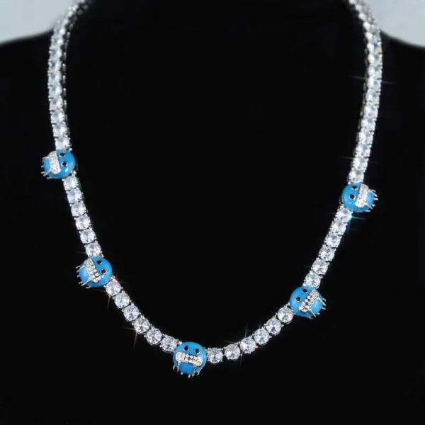 5mm Round Moissanite Tennis Chain Skullshine in 14K White Gold Closeup Neck