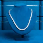 7mm Round Moissanite Tennis Chain EclatLink in 14K White Gold Closeup Neck View