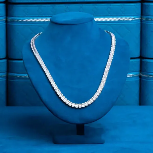7mm Round Moissanite Tennis Chain EclatLink in 14K White Gold Closeup Neck View