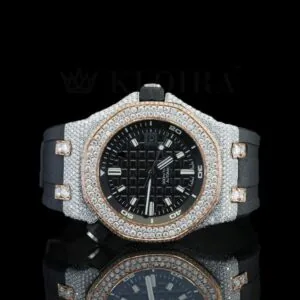 AP Black Dial Rubber Strap Semi Iced Out Natural Diamond Watch