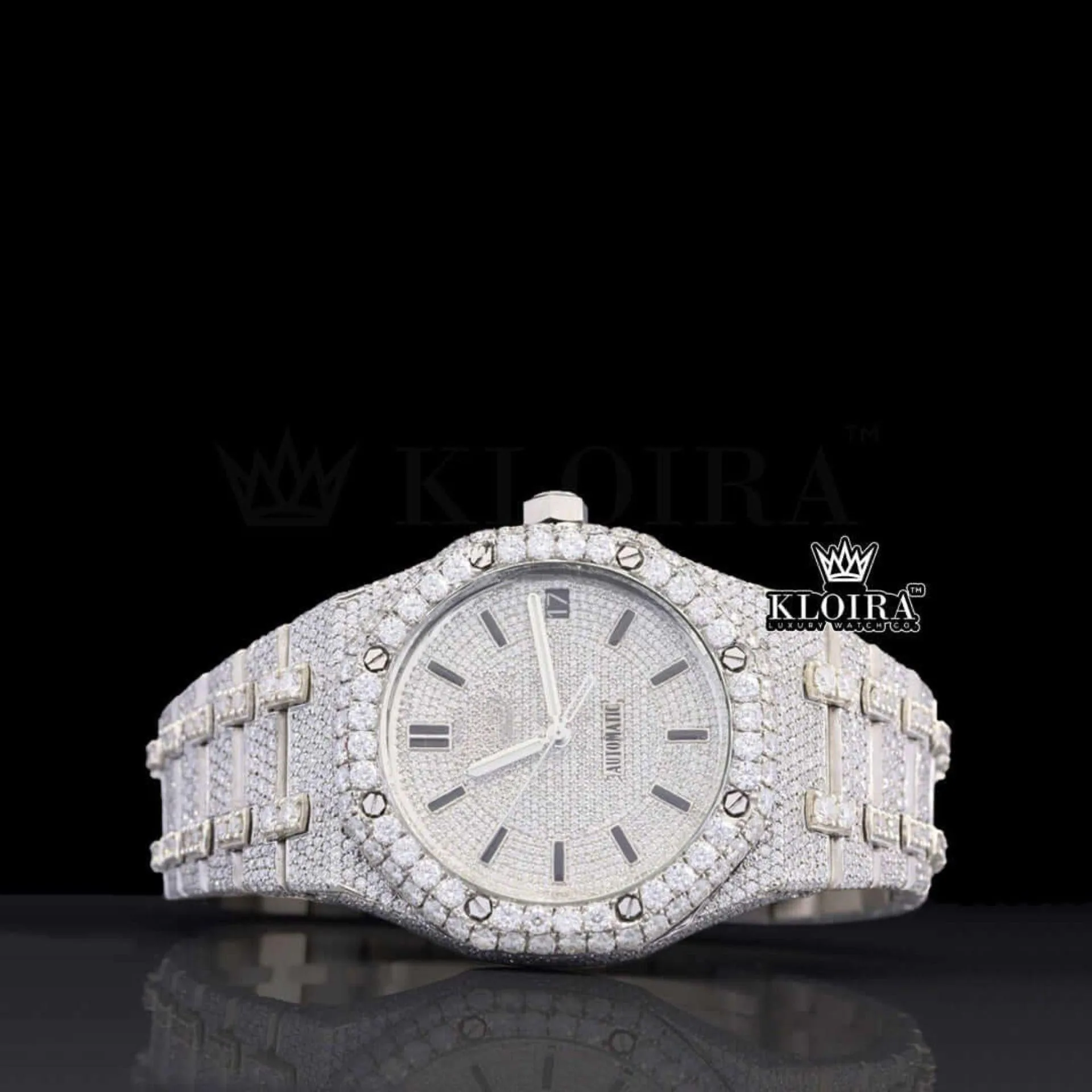 AP Black Stick Markers Fully Iced Out Lab Grown Diamond Watch Front View