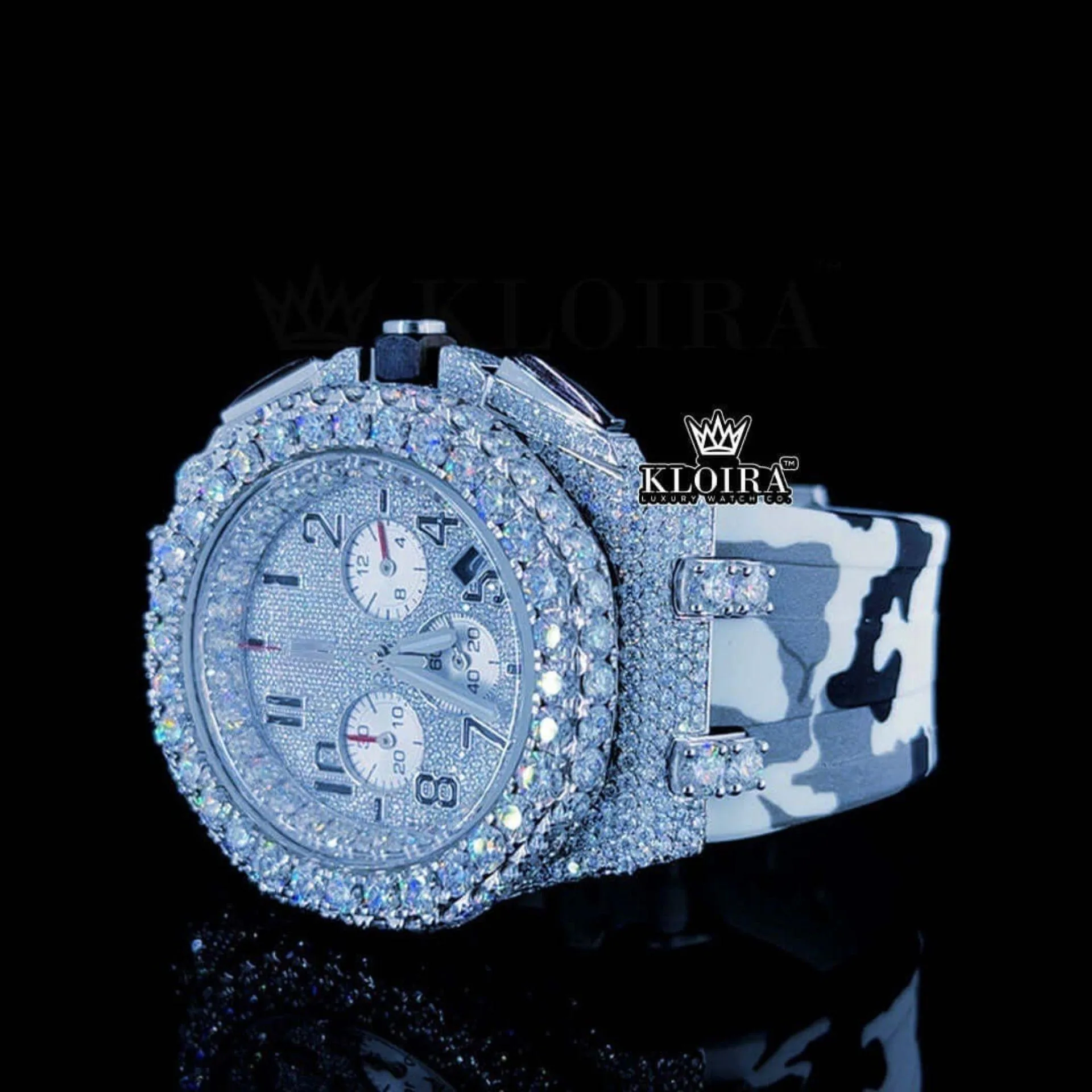 AP Camo Rubber Strap Iced Out Moissanite Diamond Watch Close Up Dial View