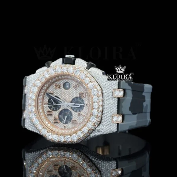 AP Chronograph Army Rubber Strap Moissanite Diamond Watch Left Profile View