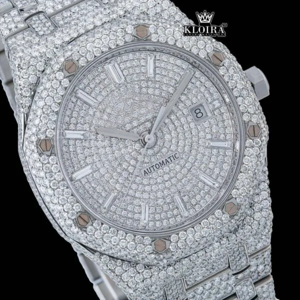 AP Diamond Markers Fully Bust Down Moissanite Diamond Watch Close Up Dial View