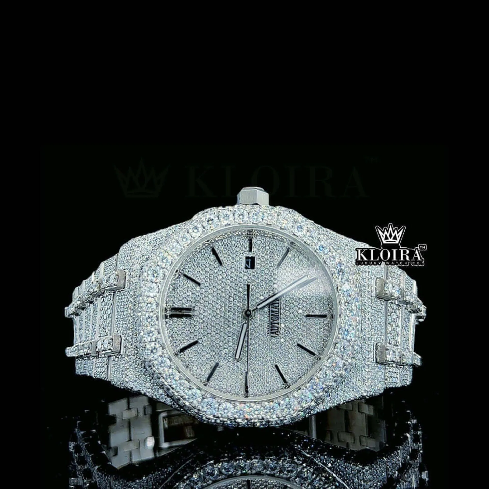 AP Full Iced Out Moissanite Diamond Watch Black Stick Marker Dial Front View