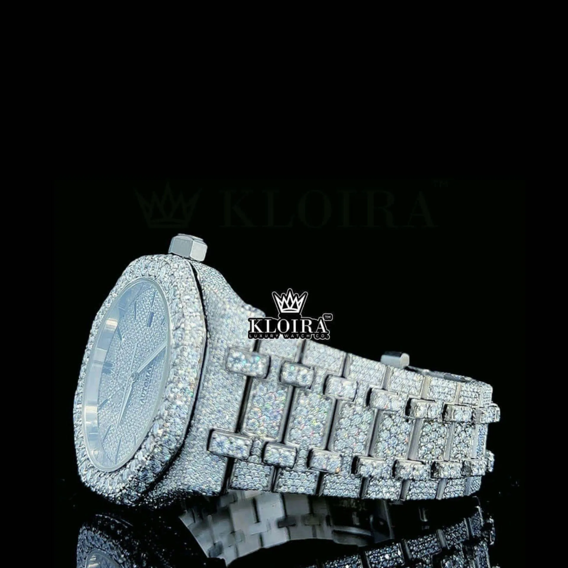 AP Full Iced Out Moissanite Diamond Watch Black Stick Marker Left Side View