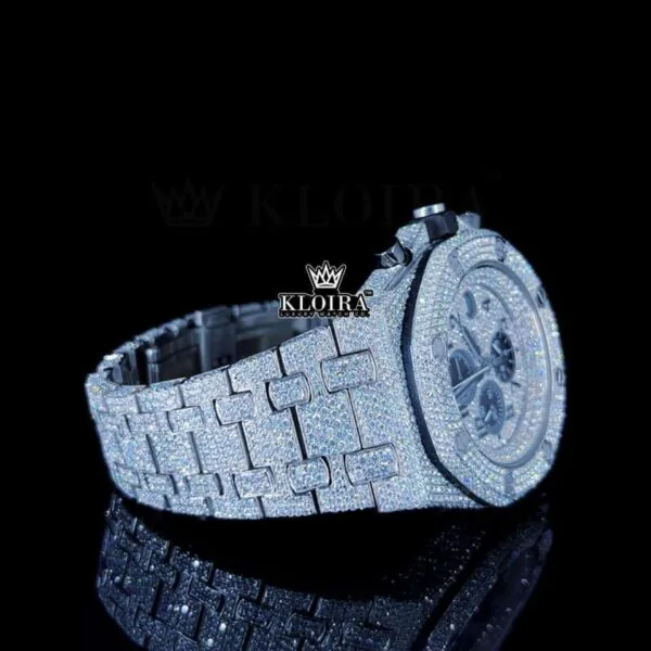 AP Fully Iced Out Moissanite Diamond Chronograph Watch Black Subdials Right Side Close Up View