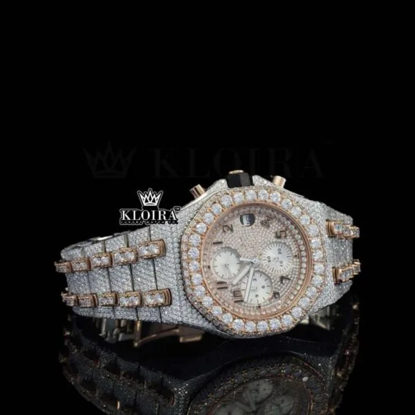 AP Fully Iced Out Two Tone Rose Gold Chrono Dial Moissanite Watch Right Side View