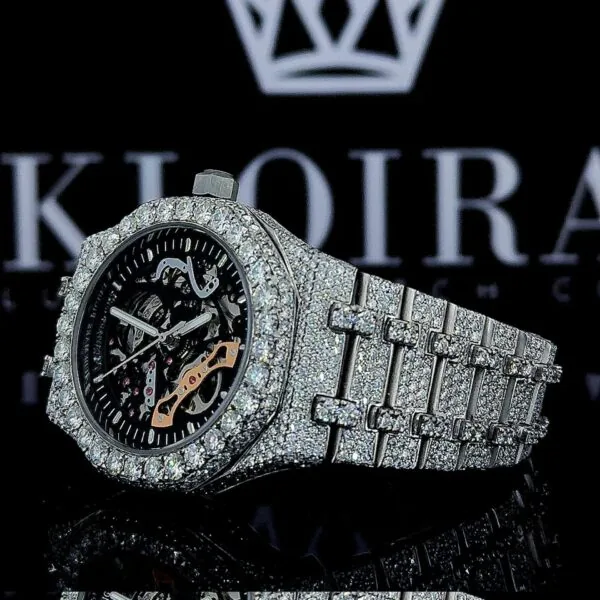 AP Skeleton Black Dial Full Iced Out Lab Grown Diamond Watch Left Profile View