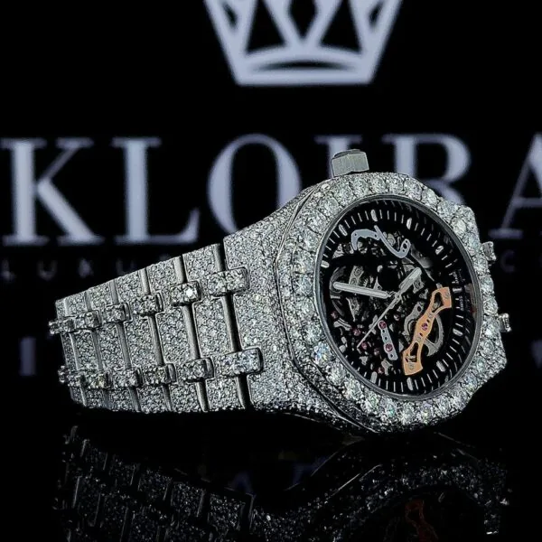 AP Skeleton Black Dial Full Iced Out Lab Grown Diamond Watch Right Profile View