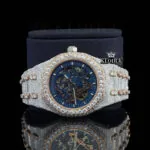 AP Skeleton Blue Dial Iced Out Moissanite Diamond Watch Close Up Front View