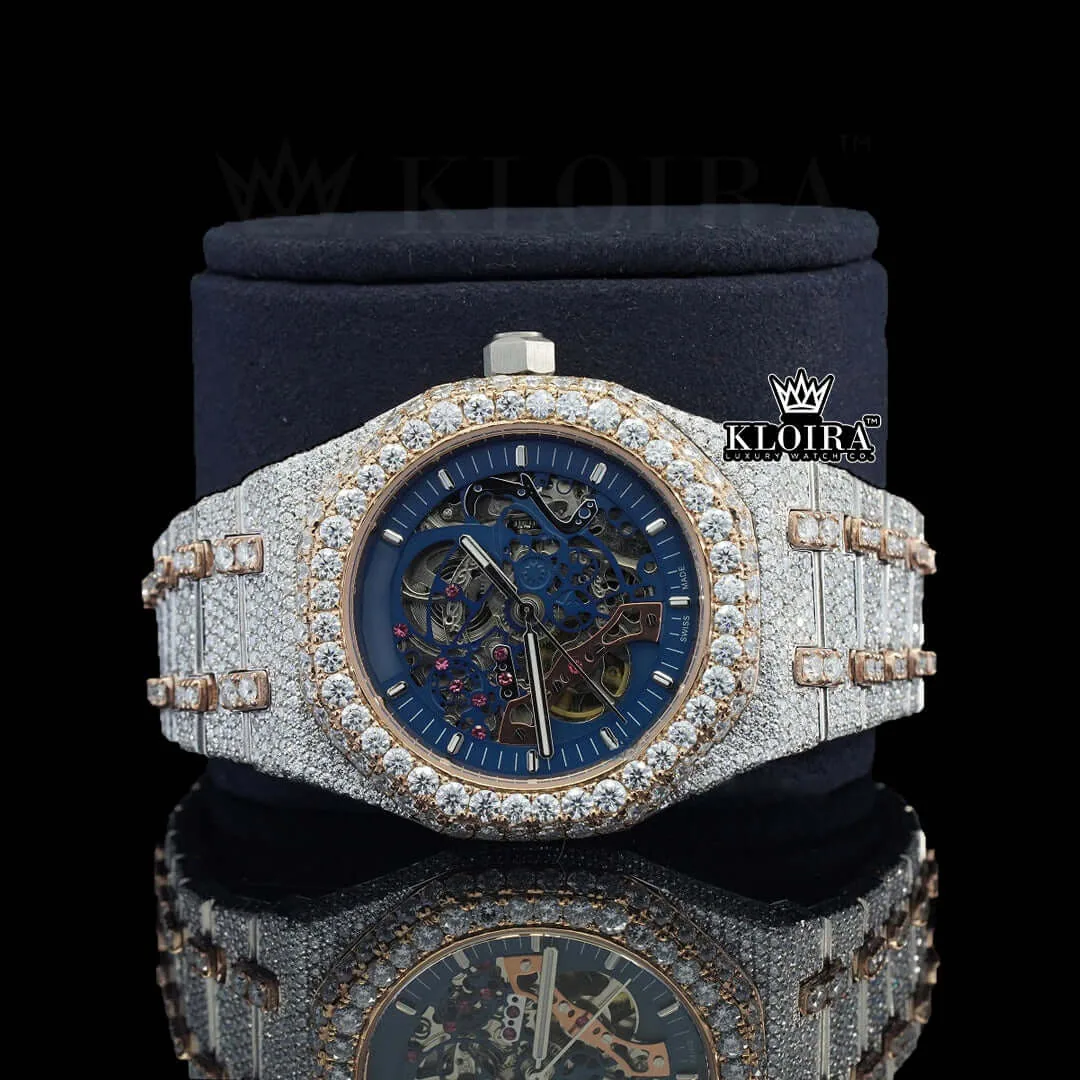 AP Skeleton Blue Dial Iced Out Moissanite Diamond Watch Close Up Front View