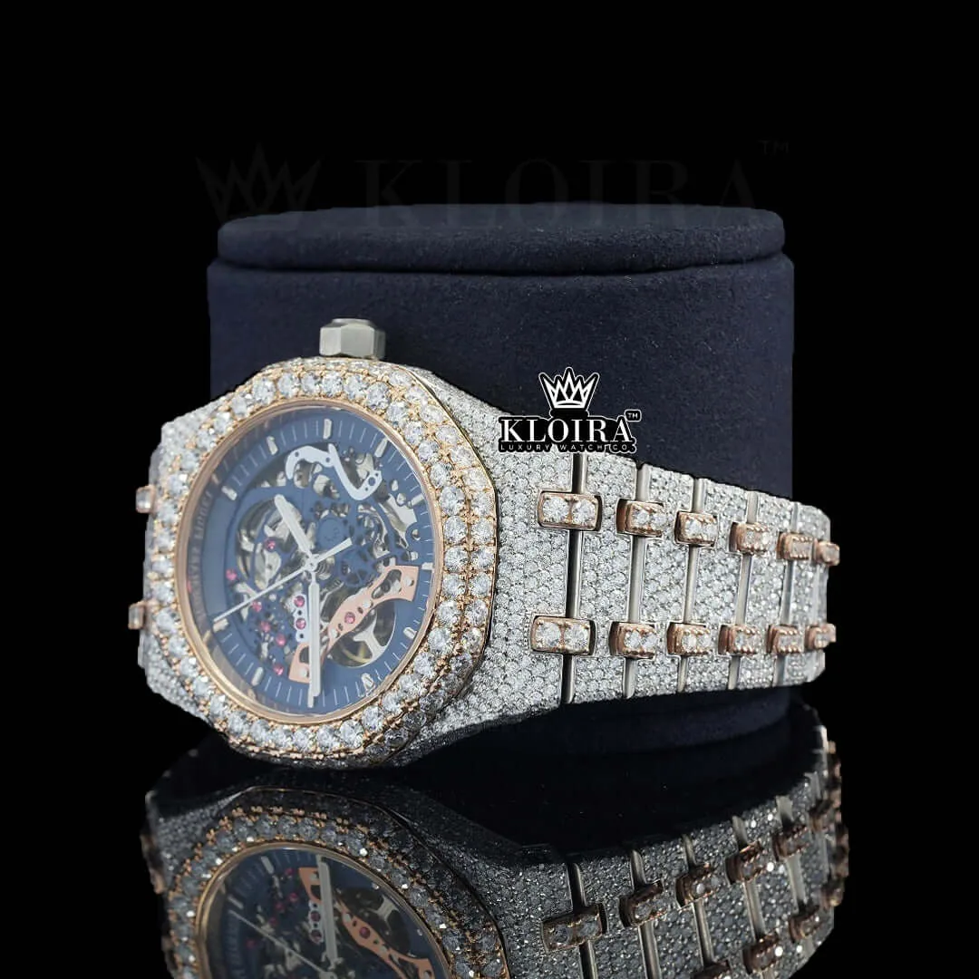 AP Skeleton Blue Dial Iced Out Moissanite Diamond Watch Left Profile View