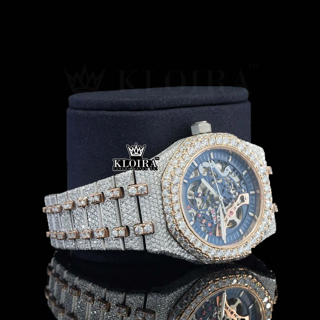 AP Skeleton Blue Dial Iced Out Moissanite Diamond Watch Right Profile View