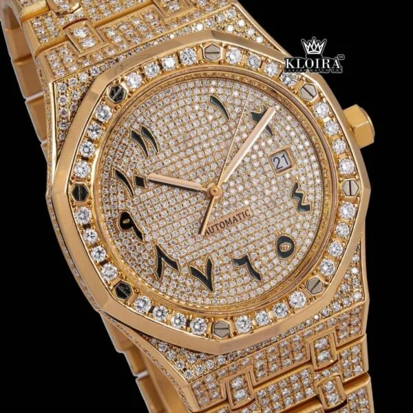 AP Yellow Gold Arabic Dial Moissanite Diamond Watch Close Up Dial View
