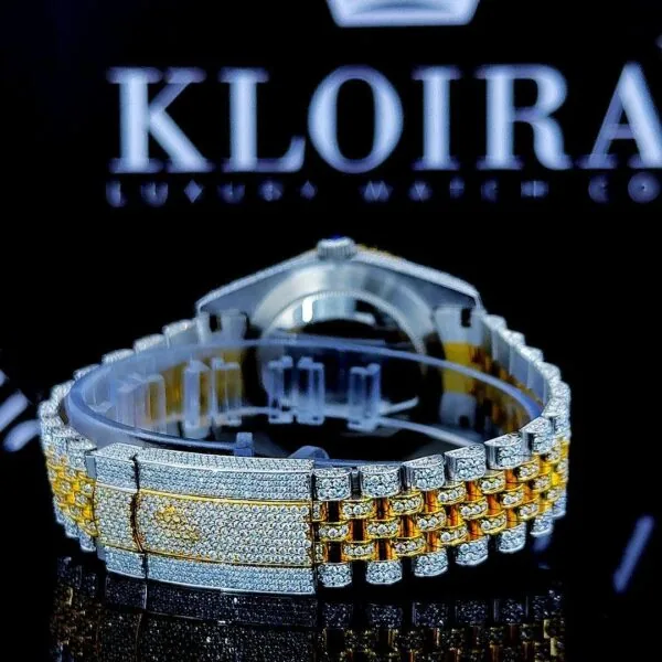 Arabic Dial Two Tone Yellow Gold Fully Iced Out Moissanite Watch Back Strap View