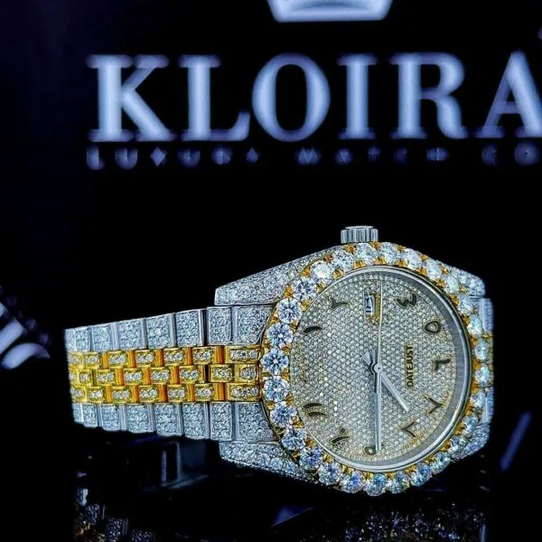 Arabic Dial Two Tone Yellow Gold Fully Iced Out Moissanite Watch Left Strap View