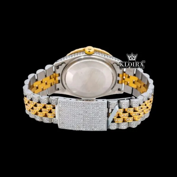 Arabic Numerals Green Dial Two Tone Iced Out Moissanite Watch Caseback View
