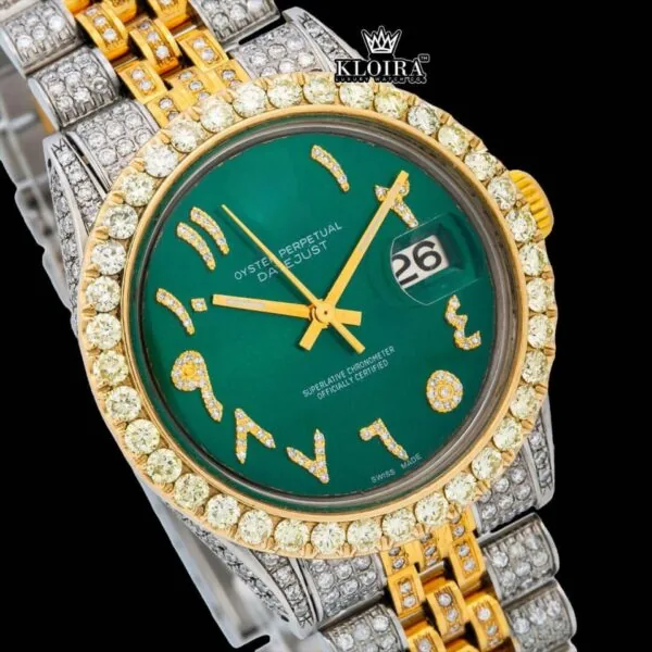Arabic Numerals Green Dial Two Tone Iced Out Moissanite Watch Close Up Dial View