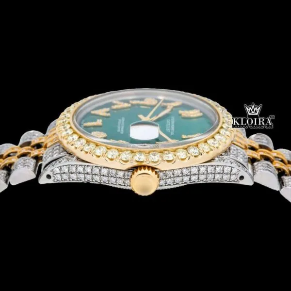 Arabic Numerals Green Dial Two Tone Iced Out Moissanite Watch Crown View