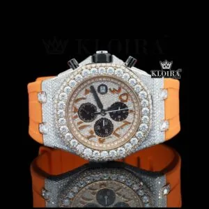 Arabic Numerals Iced Out Orange Rubber Strap Moissanite Diamond Watch