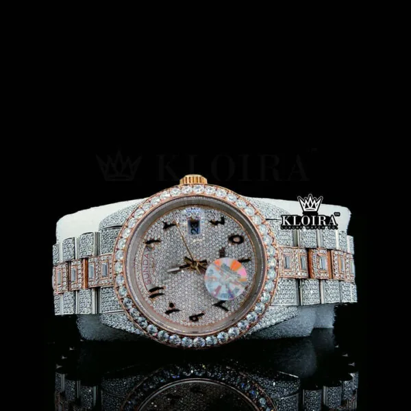Arabic Numerals Rose Gold Dial Two Tone Iced Out Moissanite Watch Close Up Dial View