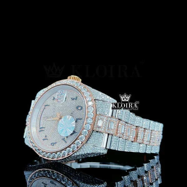 Arabic Numerals Rose Gold Dial Two Tone Iced Out Moissanite Watch Left Profile View