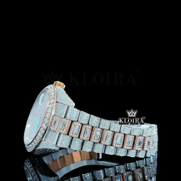 Arabic Numerals Rose Gold Dial Two Tone Iced Out Moissanite Watch Left Side Bracelet Close Up View