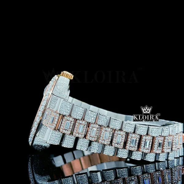 Arabic Numerals Rose Gold Dial Two Tone Iced Out Moissanite Watch Left Side Bracelet View