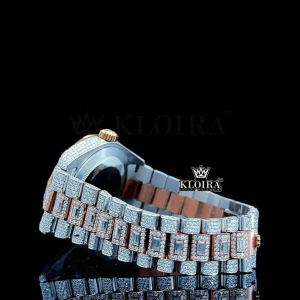 Arabic Numerals Rose Gold Dial Two Tone Iced Out Moissanite Watch Left Side View