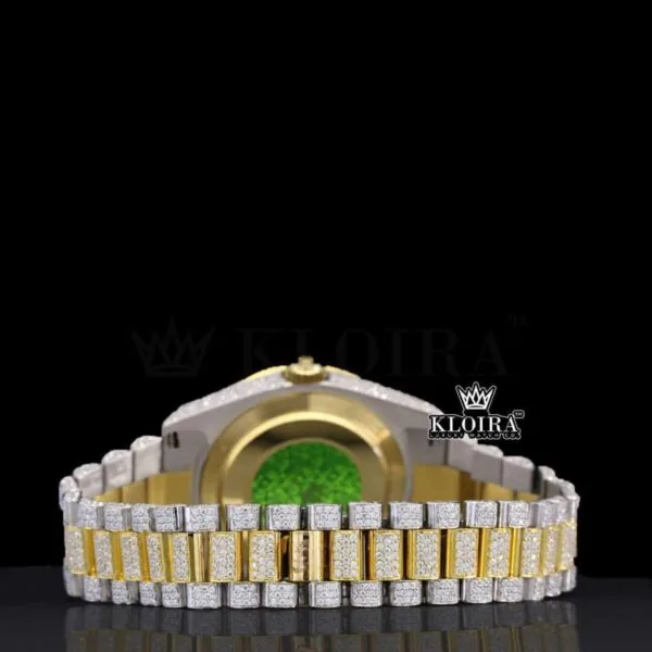 Arabic Numerals Yellow Dial Day Date Display Two Tone Natural Diamond Watch Caseback View
