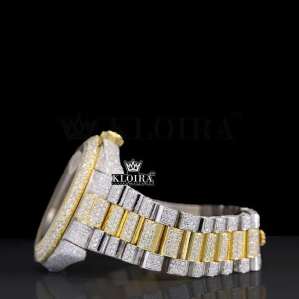 Arabic Numerals Yellow Dial Day Date Display Two Tone Natural Diamond Watch Left Side View