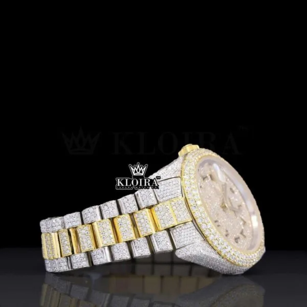 Arabic Numerals Yellow Dial Day Date Display Two Tone Natural Diamond Watch Right Side View