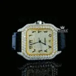 Arabic Numerals Yellow Dial Leather Strap Semi Iced Out Moissanite Watch