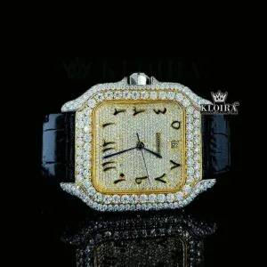 Arabic Numerals Yellow Dial Leather Strap Semi Iced Out Moissanite Watch