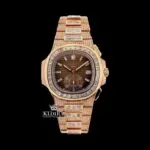 Baguette Bezel Brown Dial Chronograph Moissanite Diamond Watch Front View
