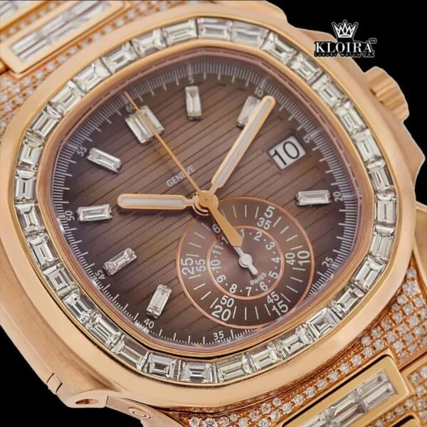 Baguette Bezel Brown Dial Chronograph Moissanite Diamond Watch Full Close Up Dial View