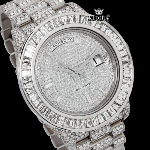 Baguette Bezel Diamond Markers Fully Iced Moissanite Diamond Watch Close Up Dial View