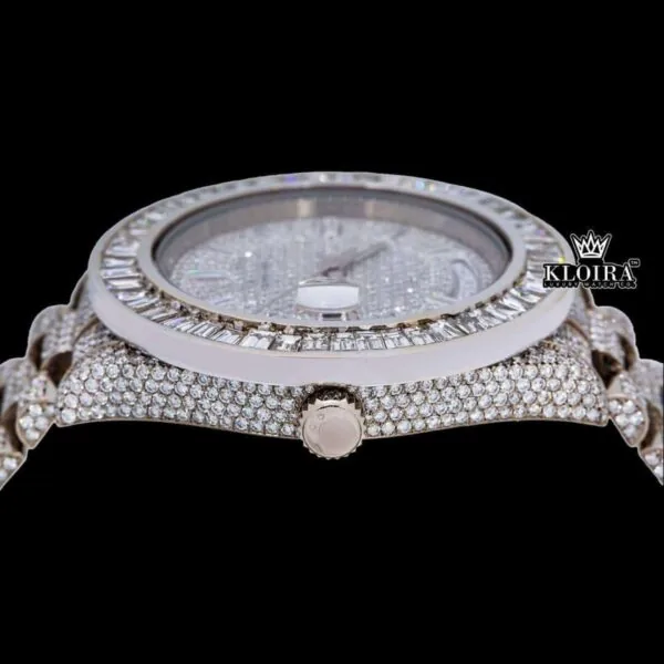 Baguette Bezel Diamond Markers Fully Iced Moissanite Diamond Watch Crown View