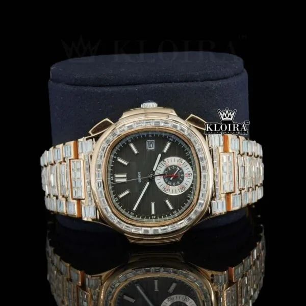 Baguette Diamond Bezel Black Dial Two Tone Moissanite Diamond Watch Close Up Front View