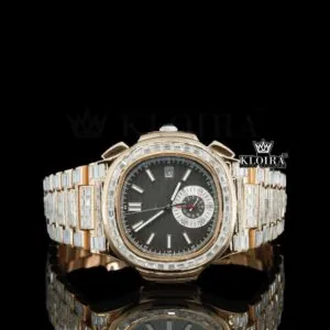 Baguette Diamond Bezel Black Dial Two Tone Moissanite Diamond Watch