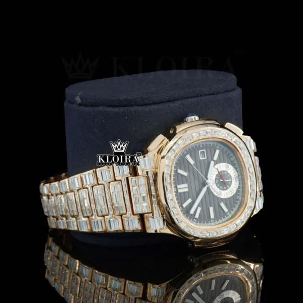 Baguette Diamond Bezel Black Dial Two Tone Moissanite Diamond Watch Right Profile View
