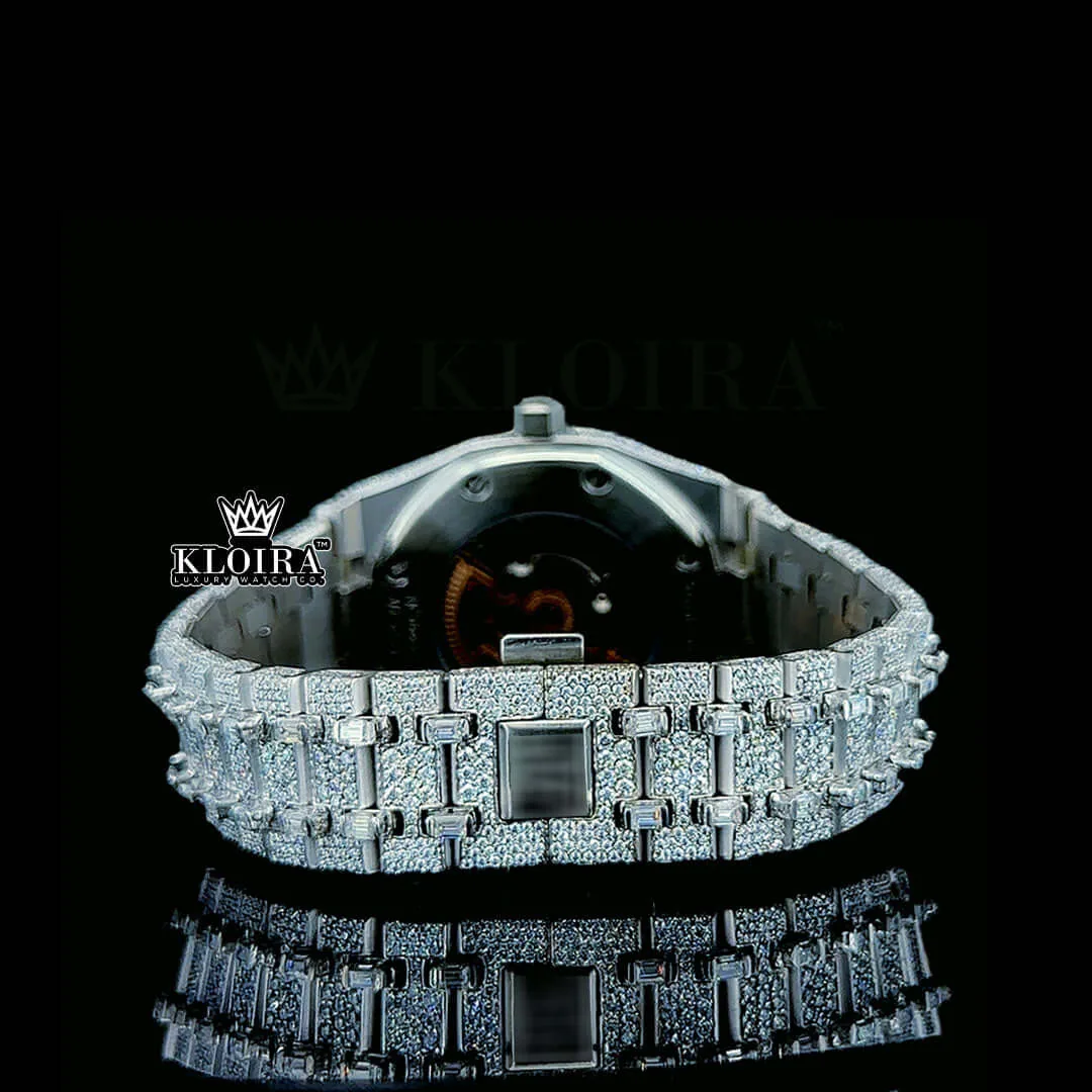 Baguette Diamond Markers White Dial Fully Iced Out AP Moissanite Watch Caseback View