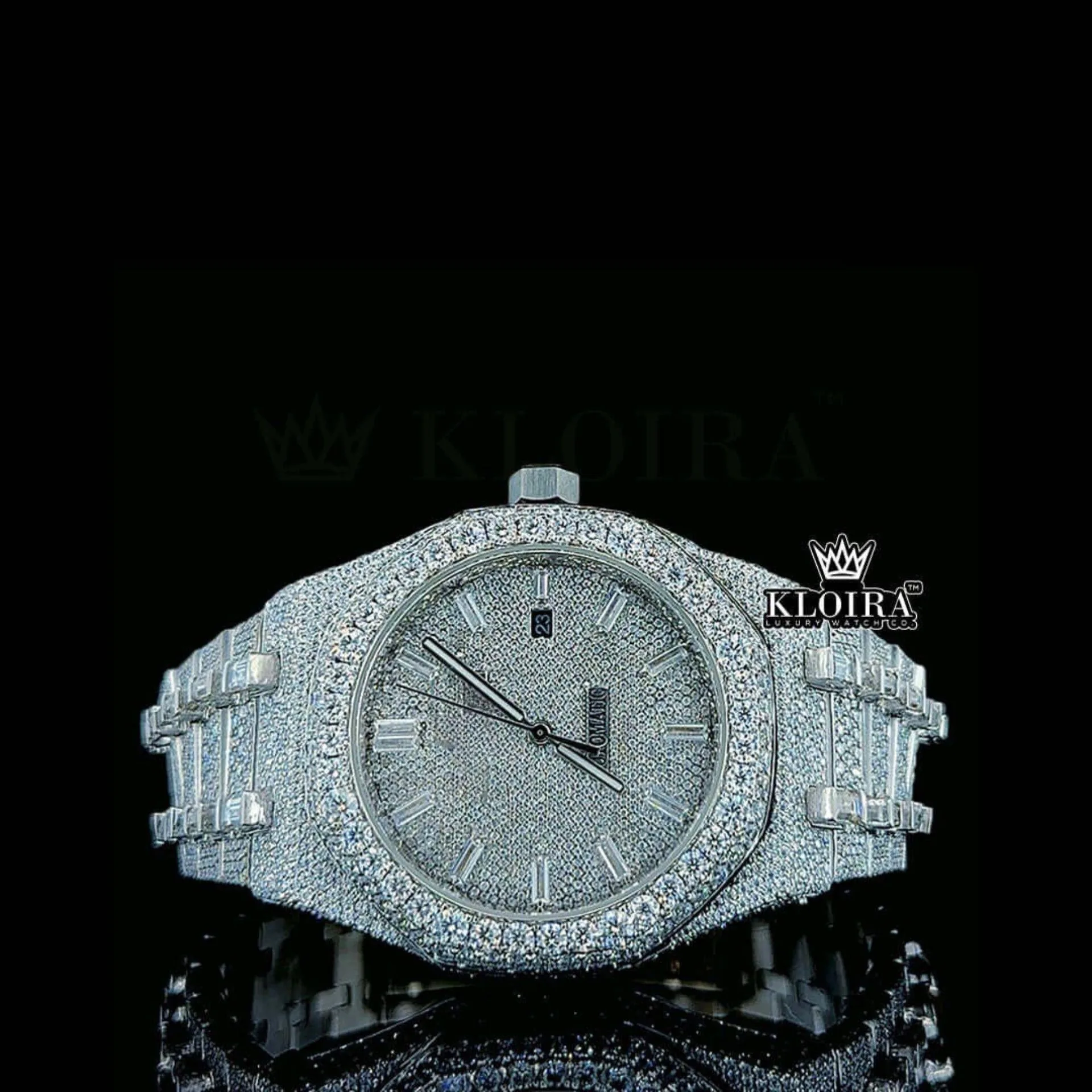 Baguette Diamond Markers White Dial Fully Iced Out AP Moissanite Watch Front View