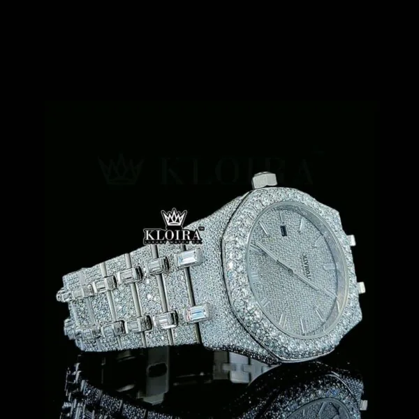 Baguette Diamond Markers White Dial Fully Iced Out AP Moissanite Watch Right Profile View